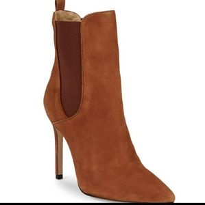 SCHULTZ SUEDE BOOTIES IN COGNAC NIB WITH DUST BAG